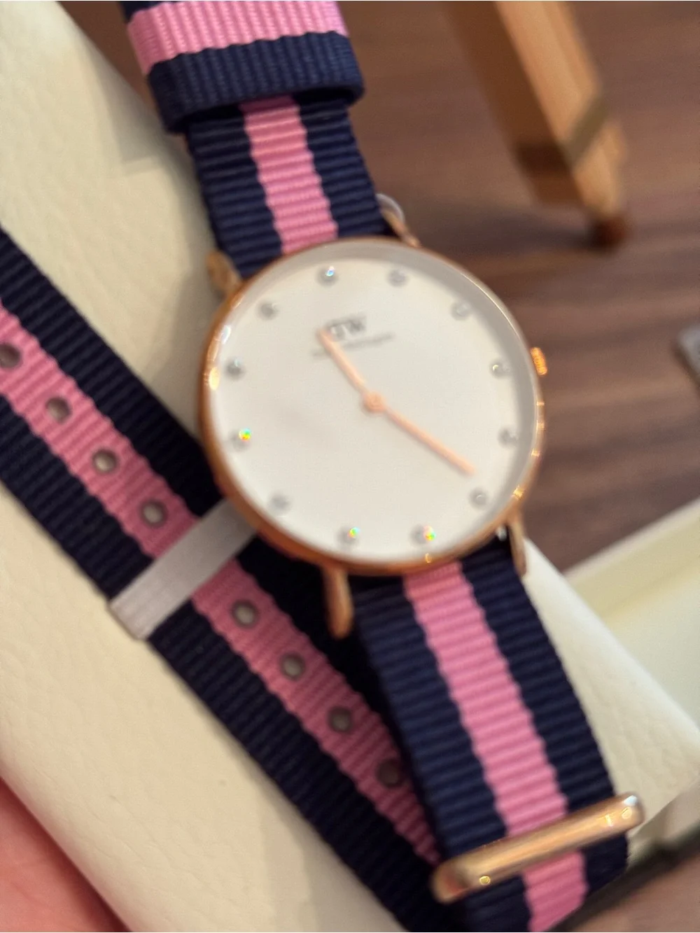 Daniel Wellington Navy and Pink NATO Strap Watch with Rose Gold Case